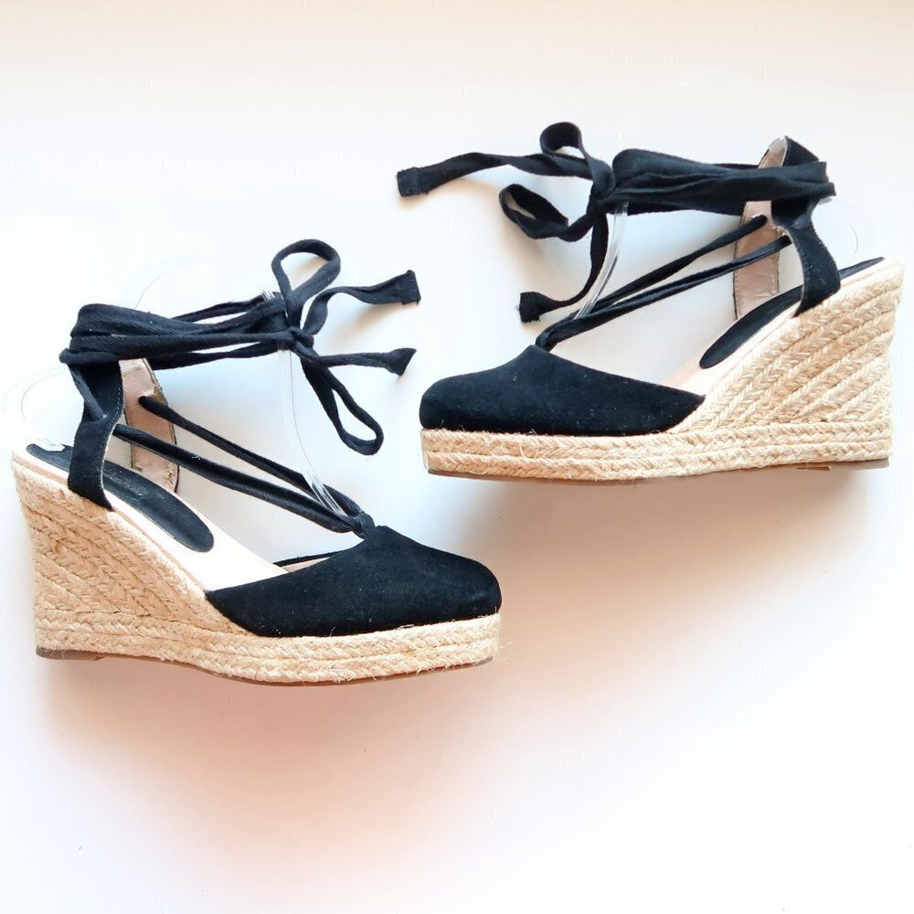 Top Shop Black Suede Leather Tie Around Platform Wedge Espadrilles / Sandals 9.5